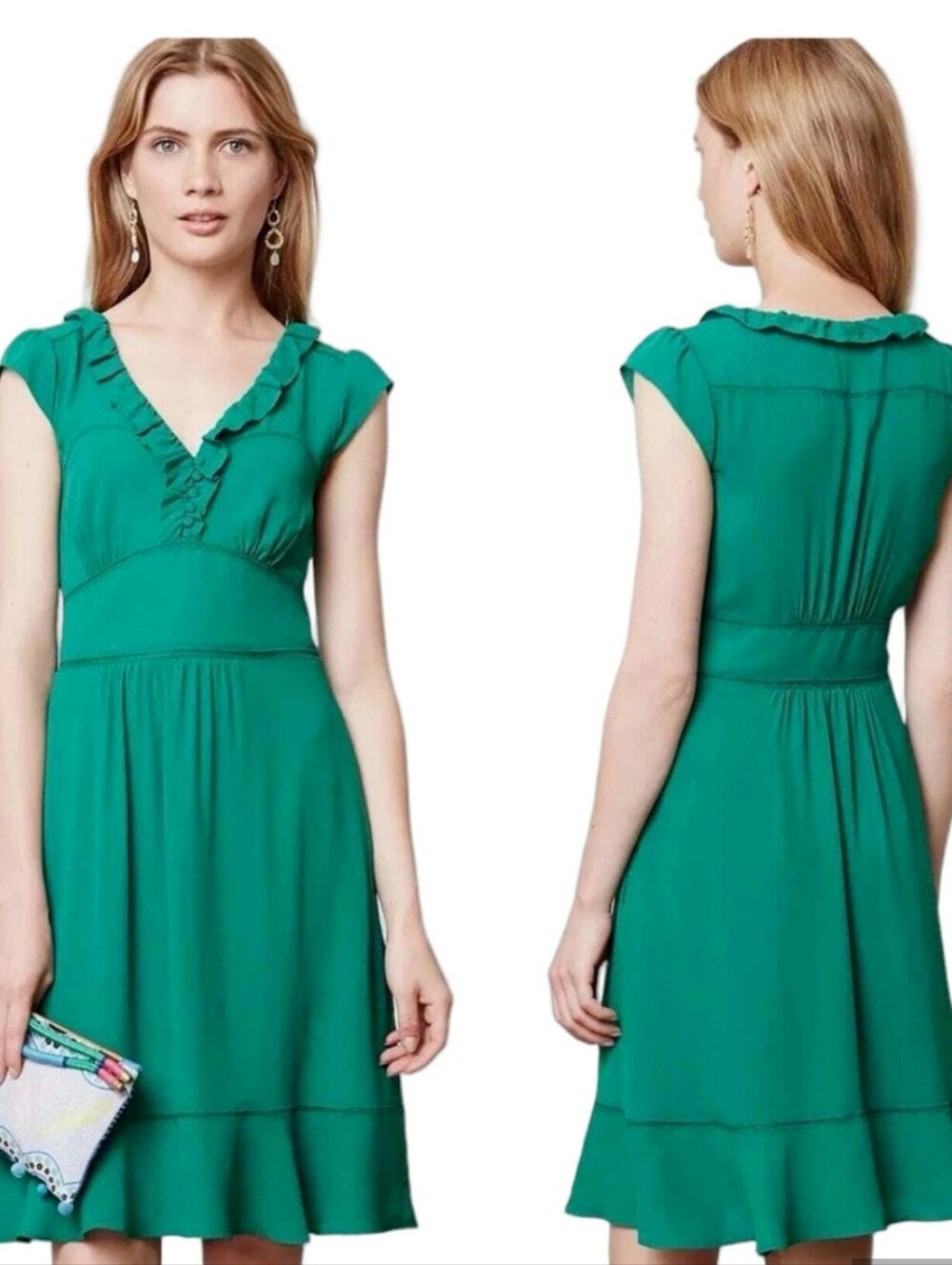 Maeve By Anthropologie Women’s Kelly Green Ruffle V-Neck Dress. Jewel Tone.